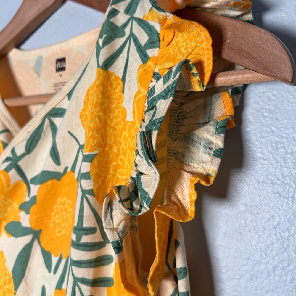 Tea Collection Wrap Neck Marigold Delight Yellow Floral Midi Dress cotton - Picture 7 of 12